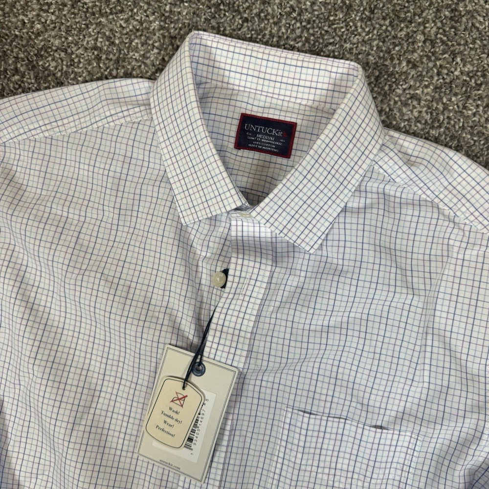 UNTUCKit Dress Shirt M Wrinkle Free Blue White Plaid Long Sleeve Button Slim